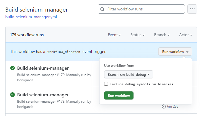 Selenium Manager workflow screenshot